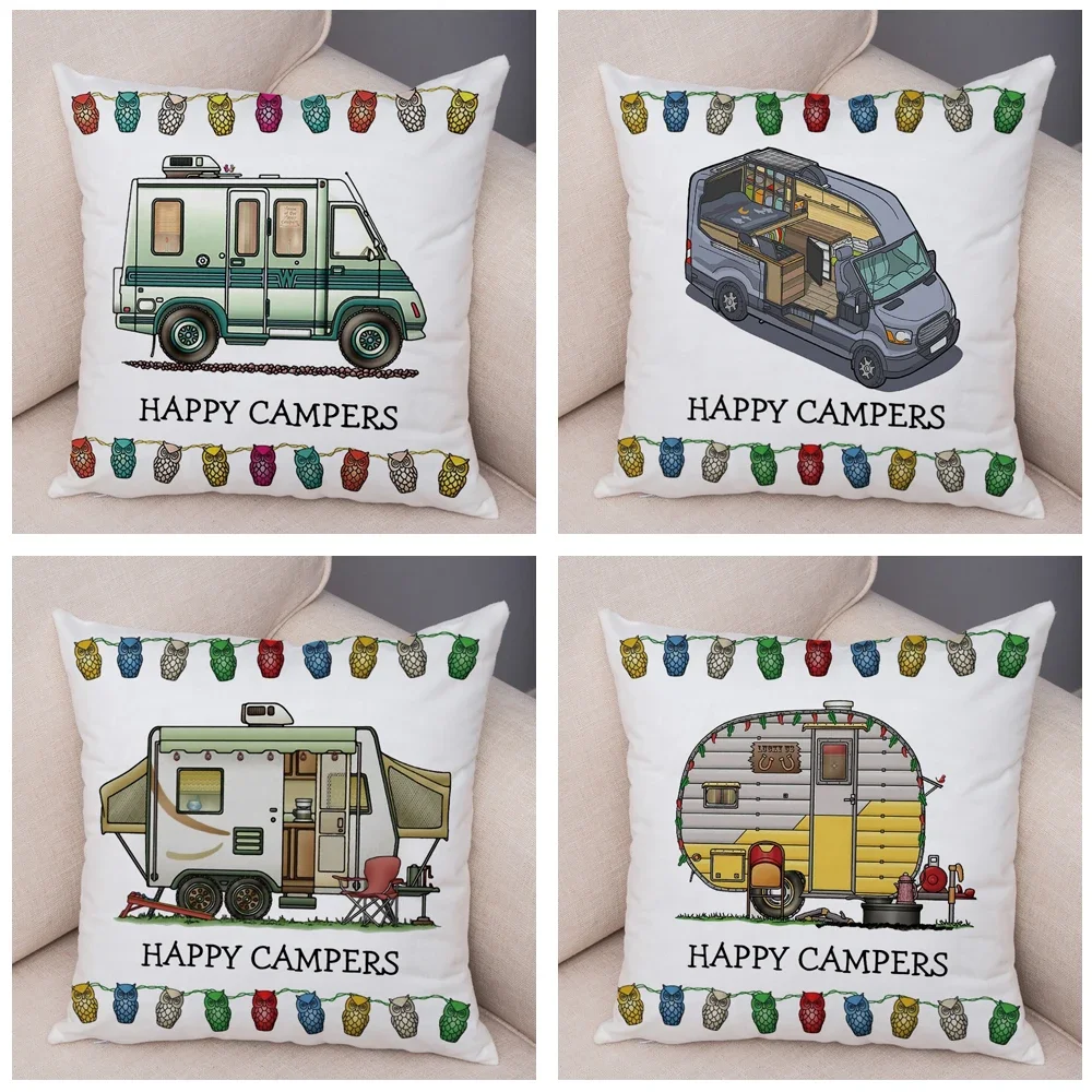 Both Sides Cartoon House Travel Car Cushion Cover Pillow Case Decor Happy Camper Van Life Soft Plush Pillowcase for Sofa Home