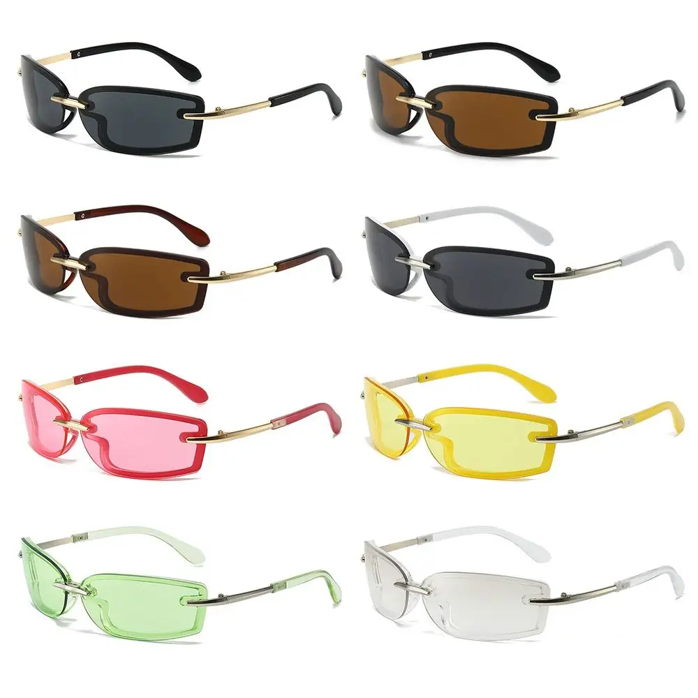 Rimless Square Candy Color Sunglasses Metal Temples Y2K Futuristic Shades UV Protection Dopamine Dressing Eyewear Accessories