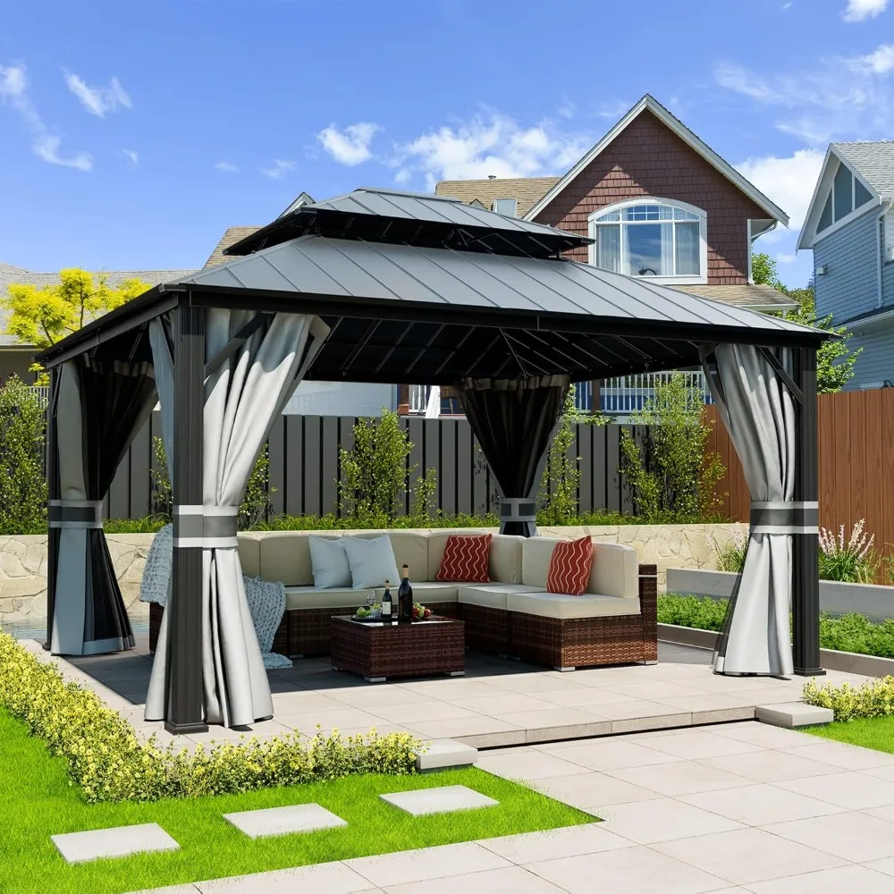 

12' X 14' Hardtop Gazebo Permanent Aluminum Gazebos with Galvanized Steel Double Roof for Patio Lawn