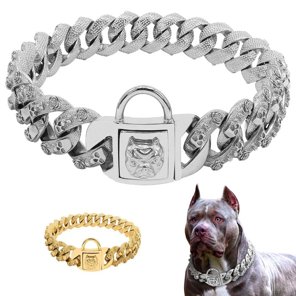 

32mm Wide Gold Dog Chain Collar Skull Stainless Steel Pet Chains Collar for Large Dogs Heavy Strong