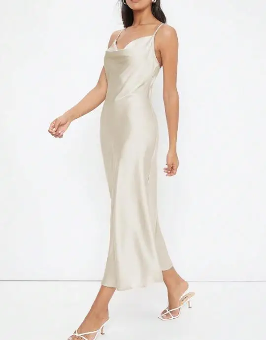 

2026 New Swinging Collar Glossy Satin Party Strap Dress Long Skirt