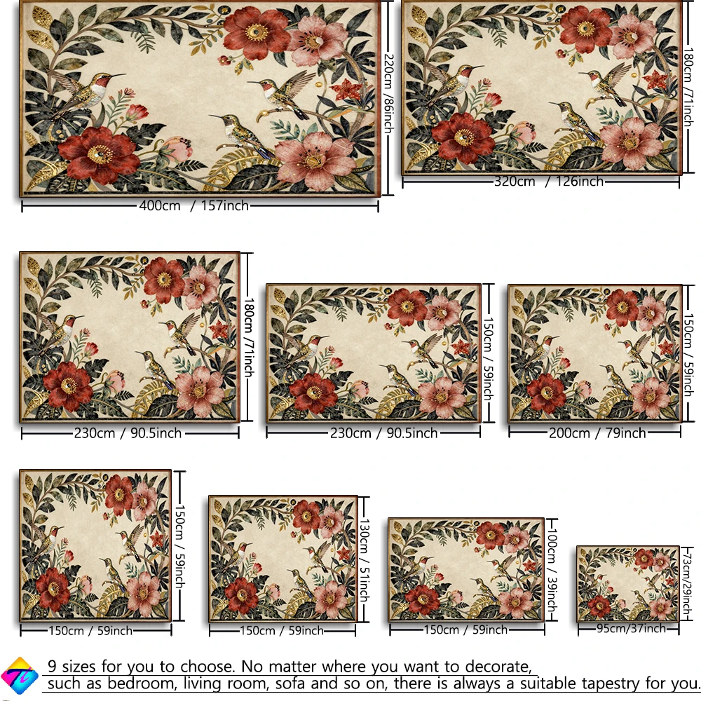 Hummingbird Red Flower Green Leaf Tapestry Wall Hanging Vintage Bohemian Style Living Room Bedroom Home Decor Cloth