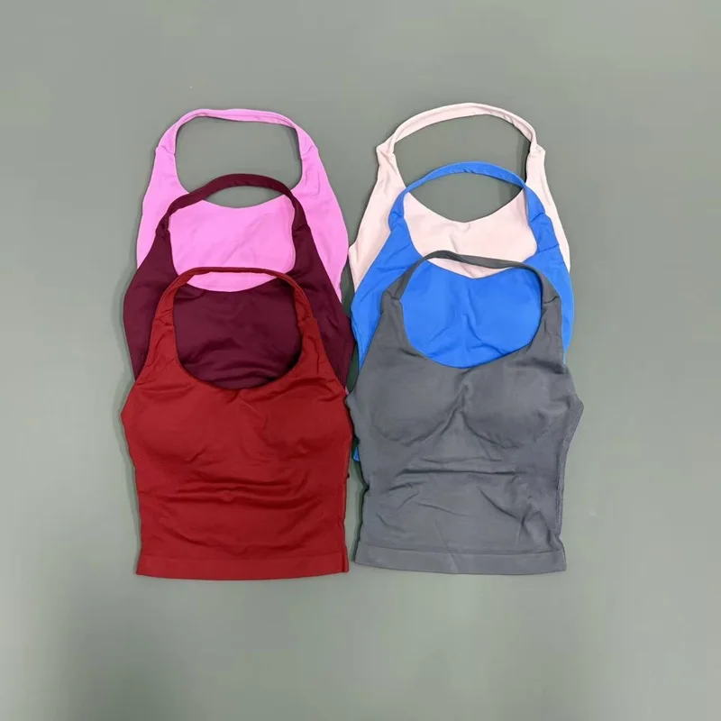 Yoga Tank Top Women Seamless Strappy Open Back Longline Halter Sports Bra Comfortable Stretch Workout Gym Running Fitness Top