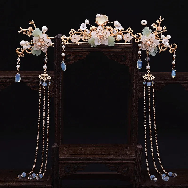 Chinese Wedding Hair Sticks Fairy Tassel Beads Tiaras For Women Vintage Han Costume Hairpin Chopstick Bridal Retro Hair Jewelry