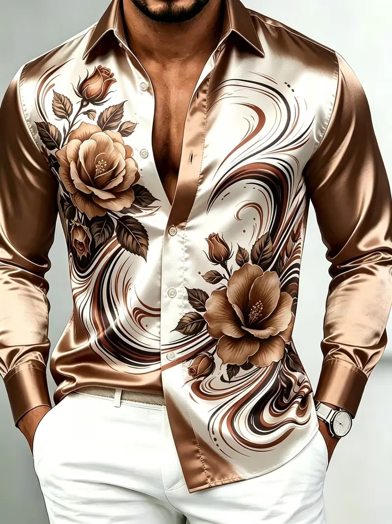 New Thousand Bird Grid Gilded Baroque Splicing Printed Long Sleeve Shirt with Smooth Drop and Satin Collar for Men