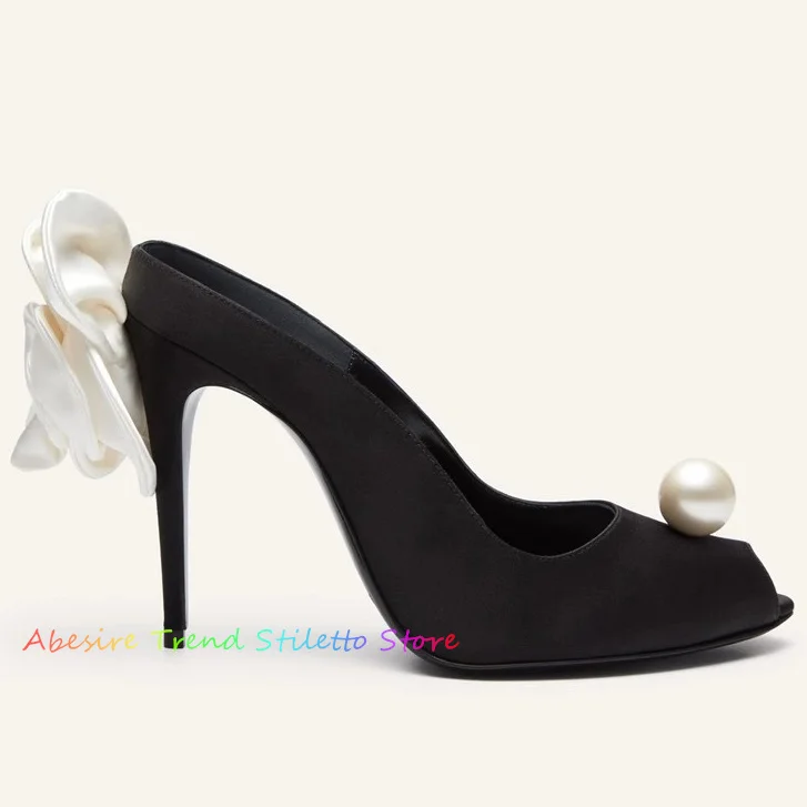 Bombas de salto alto Peep Toe para mulheres, salto agulha embelezado flor, sapatos elegantes de vestido de festa, mulas senhoras