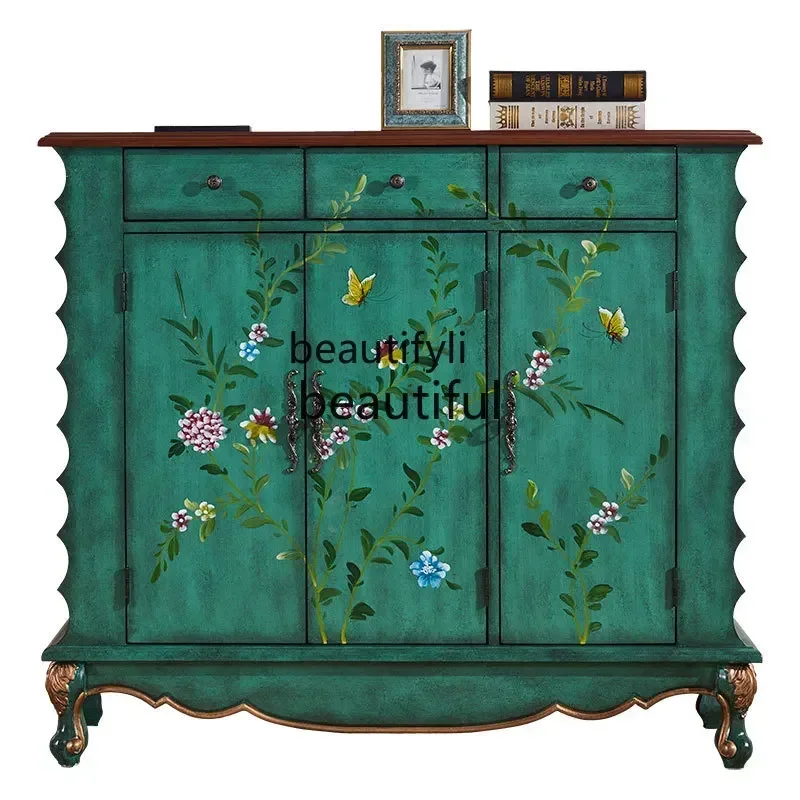 Mueble para Zapatos Mediterráneo, Mueble de Entrada Pintado, Mueble de Pasillo Retro para el Hogar