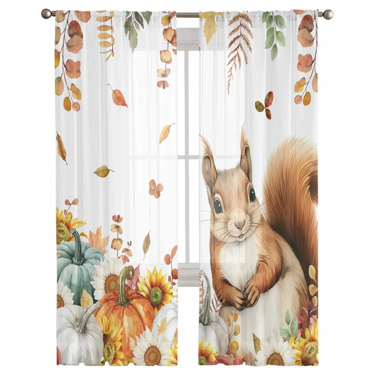 Thanksgiving Leaves Pumpkin Squirrel Curtains Living Room Bedroom Kitchen Decoration Window Voiles Organza Tulle Curtain