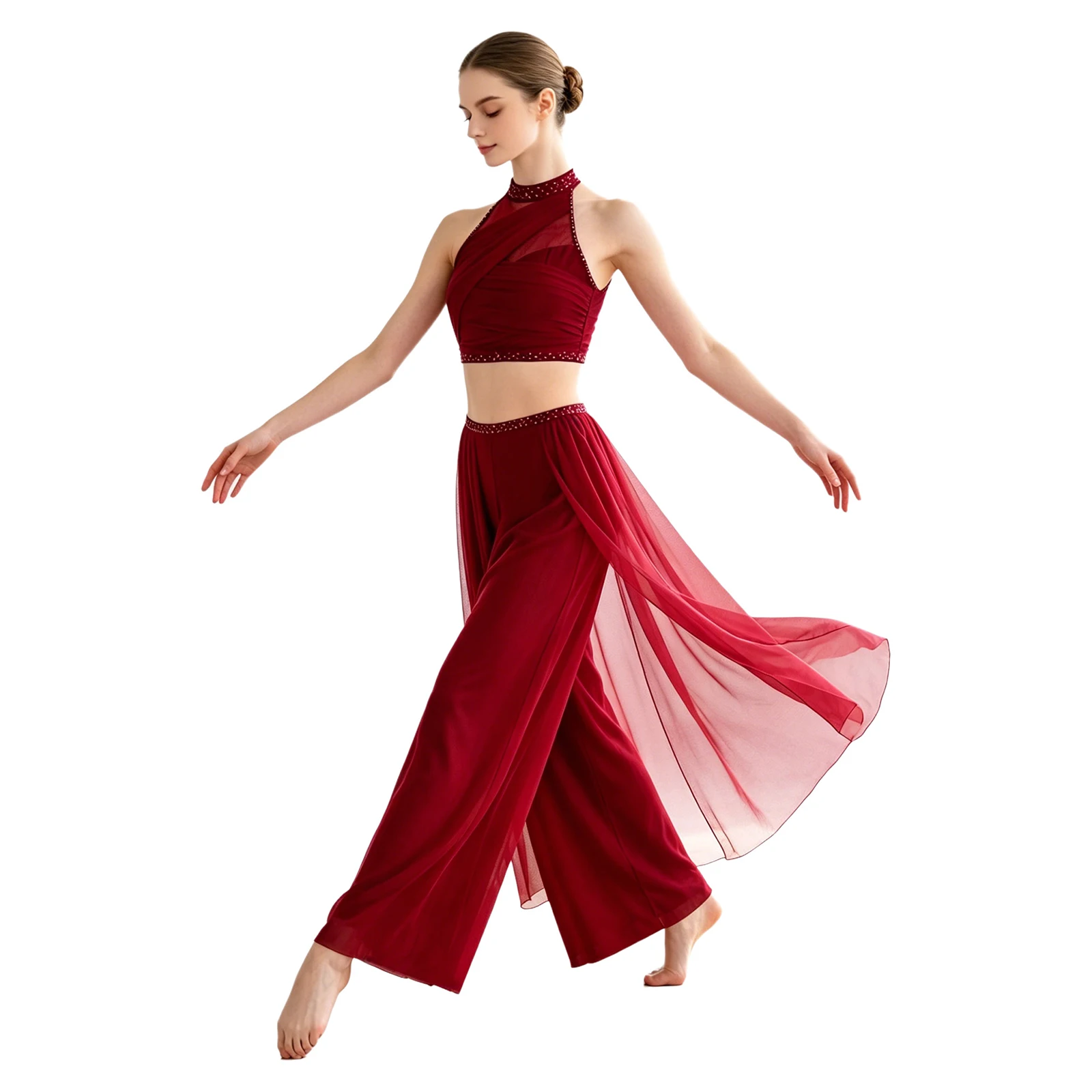 Womens Modern Lyrical Dance Outfit Ballet Skating Costume Ruched Mesh Backless Halter Crop Top And Wide Legs Mesh Culottes Pants
