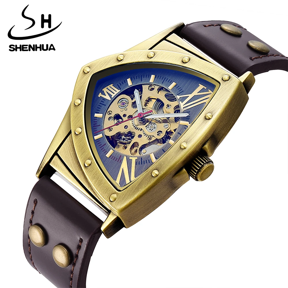 SHENHUA Steampunk Triangle Men's Skeleton Mechanical Watch Vintage Hollow Movement Leather Strap Fashion Wristwatches Cool Clock