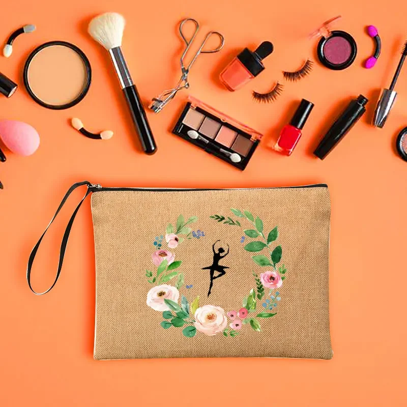 Bolsa de maquillaje con estampado de ballet para niña, organizador clásico de lino con cremallera, artículos de tocador para fiesta, bolsa de almacenamiento de viaje, regalo