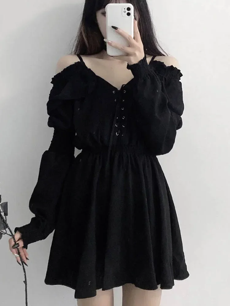 2024 Large Size Gothic Women Black Mini Dress Sexy Off Shoulder High Waist Tunic Ladies Party Dress Long Sleeve V Neck Vestidos