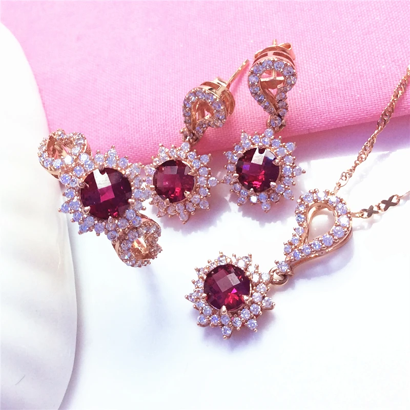 585 Purple Gold Plated 14K Rose Gold Chain Ruby Set necklace earrings rings luxury ladies wedding engagement jewelry