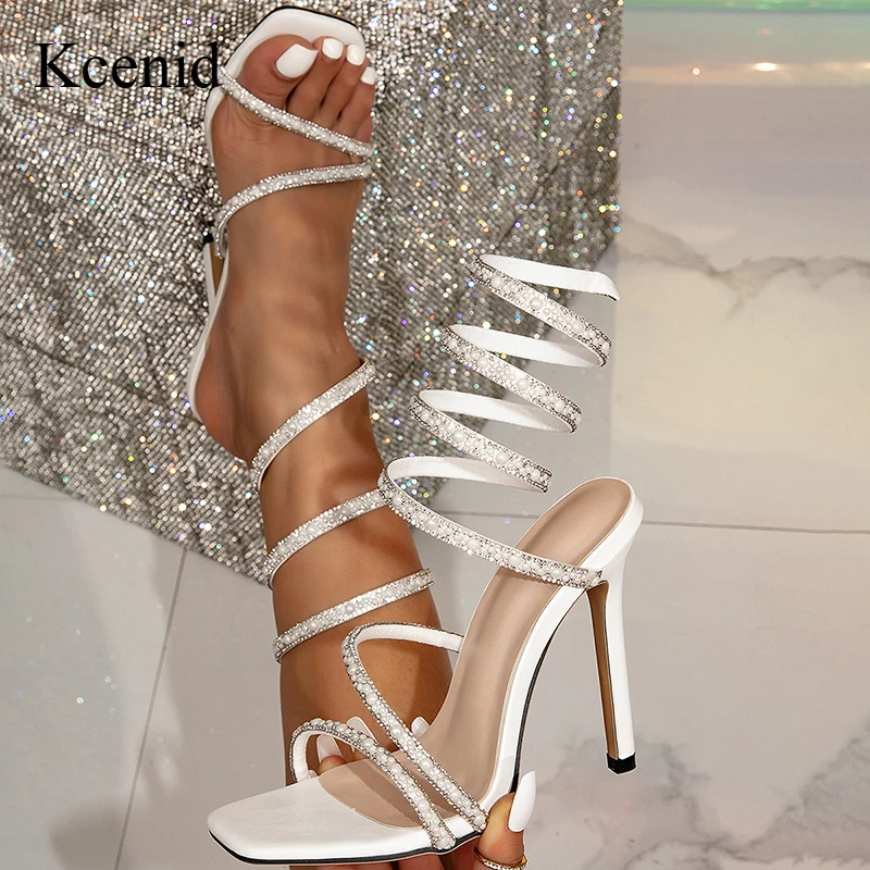 

Kcenid String Bead Narrow Band Snake Coiled Square Toe Sandals Women Summer Fashion Night Club Stiletto Heel Wrap Strap Shoes