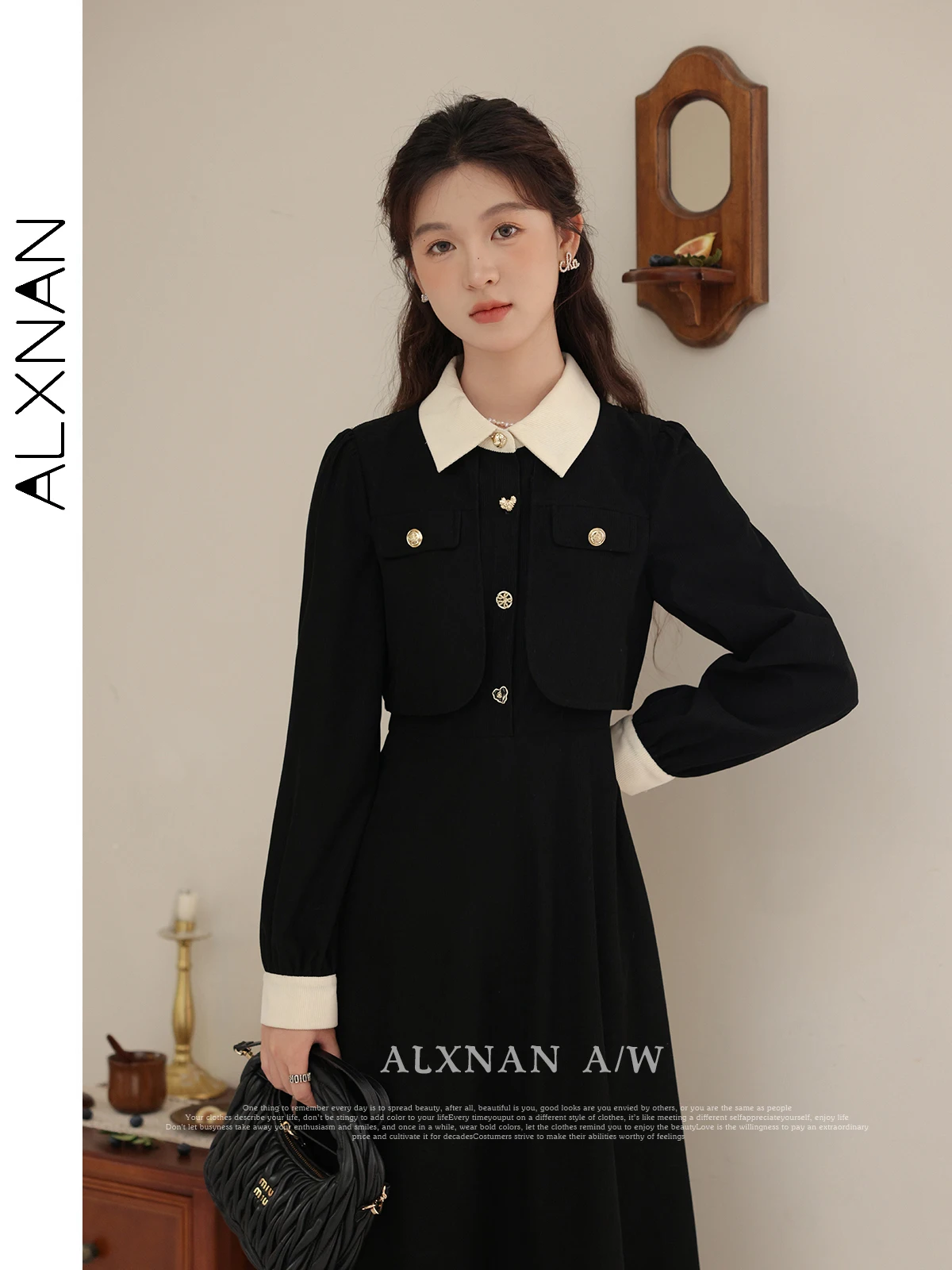 

ALXNAN Women's Fake Two Piece Dresses Patchwork Lapel Collar A-line Irregular Button 2024 Fall Winter Commuter Clothing LXN32035