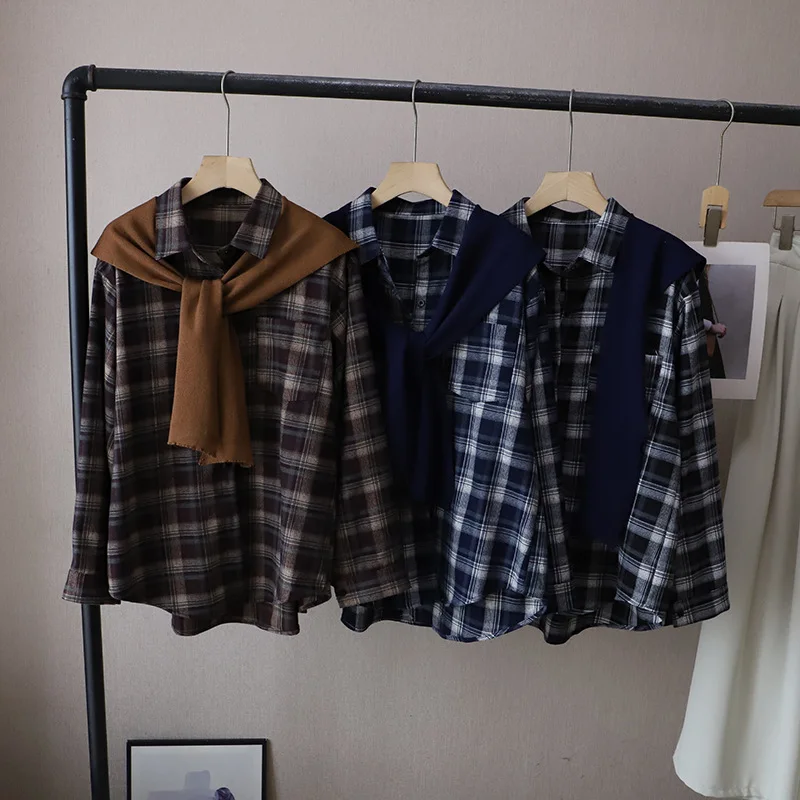 Faionable gola de furador de malha xadrez Floing Long Sve irt feminino outono inverno novo Sle versátil comprimento médio irt...