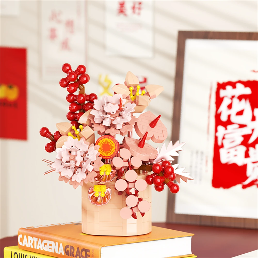 Creativity Bouquet Flower New Year Flower Basket Potted Home Decoration Assembled Micro Building Blocks Bricks Toys For Kids