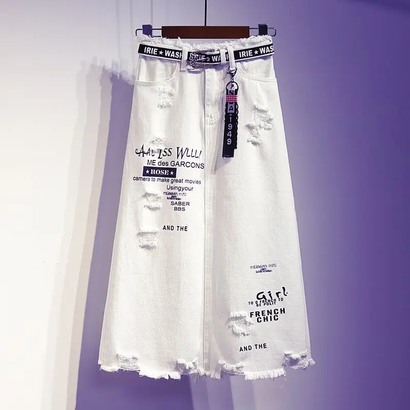 

Korean Fashion Hole Midi Skirts Female Clothing Irregular Asymmetrical Spring Summer Casual Letter Printed Basic A-Line Skirts