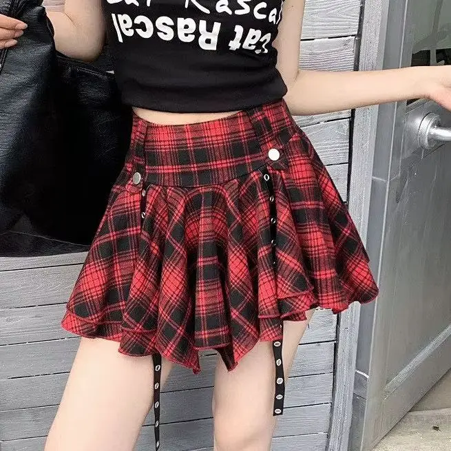 Punk Plaid Mini Skirt Irregular Handkerchief Hem with Hanging Straps Women Teenage Girl Y2K Grunge Outfit