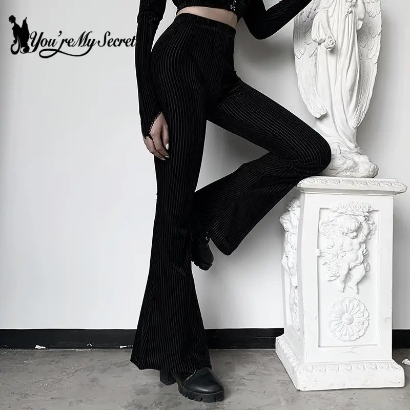 

[You're My Secret] Retro High Waisted Slim Draped Flared Pants for Women's Black Velvet Flare Pants Casual Girls' Wide Leg Pants