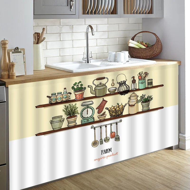 VIKAMA Retro Kitchenware Printed Cabinets Curtains Non Porous Sliding Rails Dustproof And Miscellaneous Hidden Beautiful Home