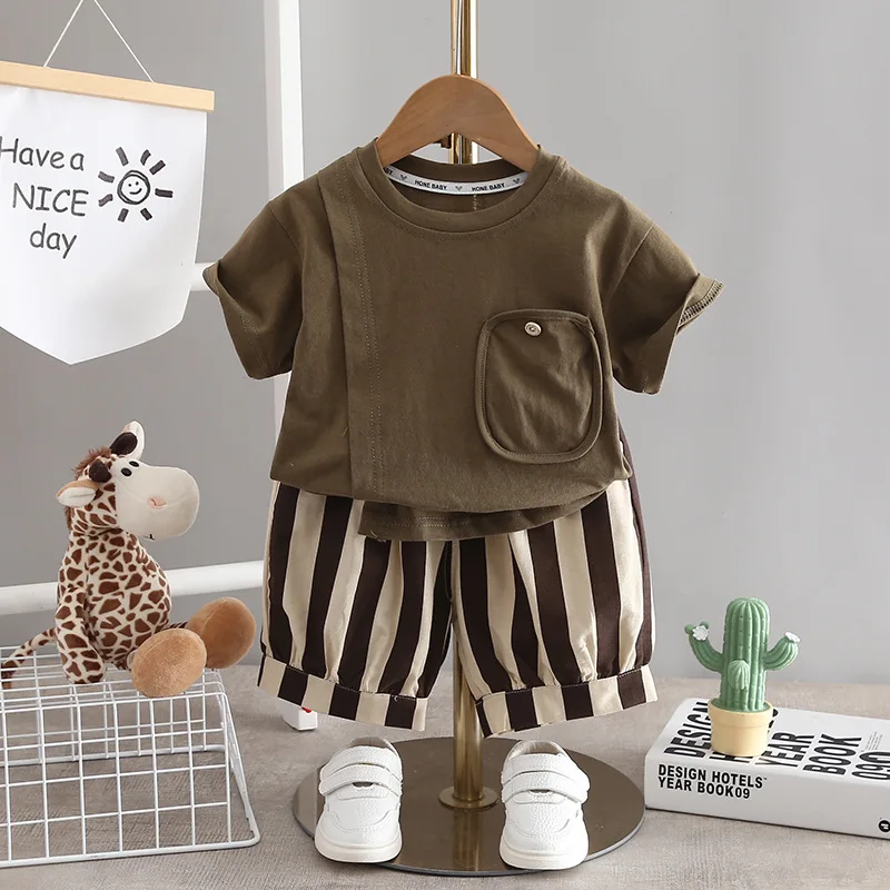 2025 New Summer Baby Clothes Sets 1-5T Boys Casual T-shirt+Vertical Stripes Pants Kids 2Pcs Suit Trendy Children Outfit