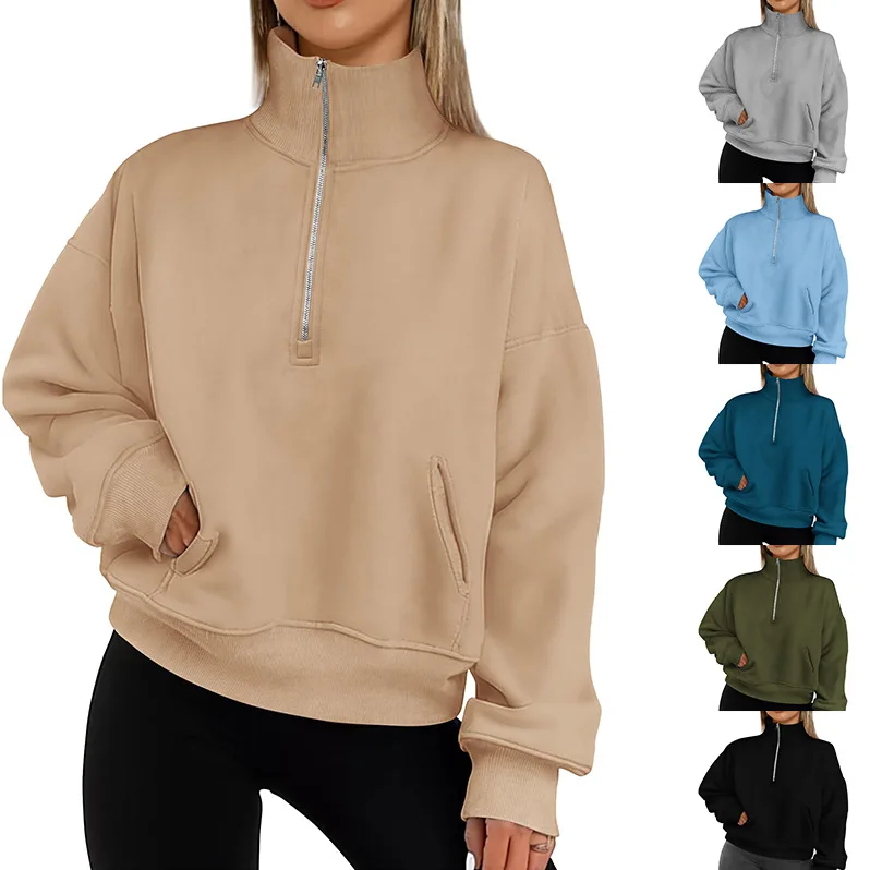 Frauen einfarbig Stehkragen Langarm Sweatshirt Reiß verschluss taschen Pullover Top Herbst Winter Sweatshirts