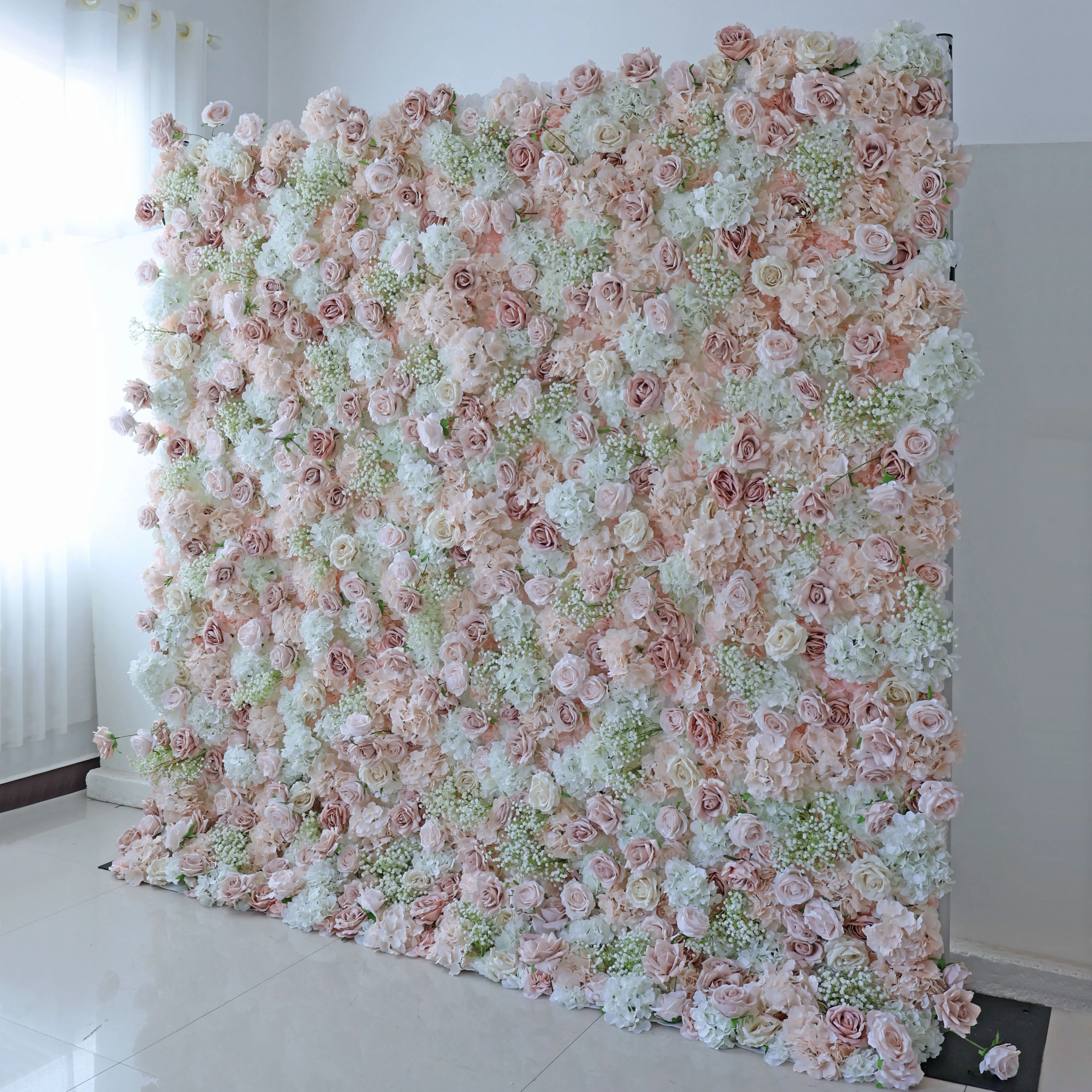 YuLiFlower Custom Silk hydrangea Rose Pink roll up Artificial Flower Wall Panel Backdrop Wedding Decoration