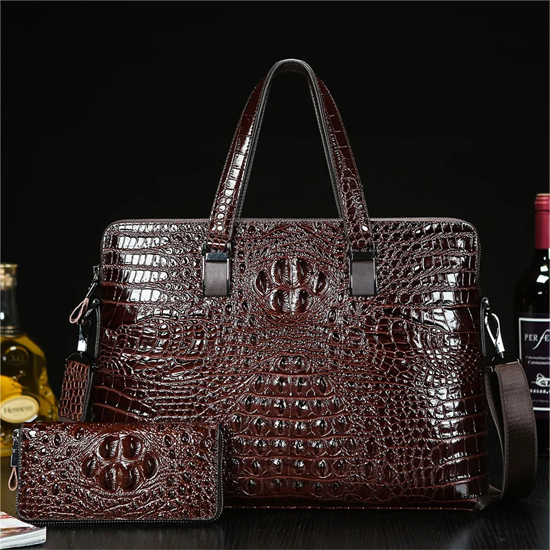 Real leather crocodile briefcase men's suitcase bag Business bag double zipper shoulder luggage bag head layer cowhide handbag