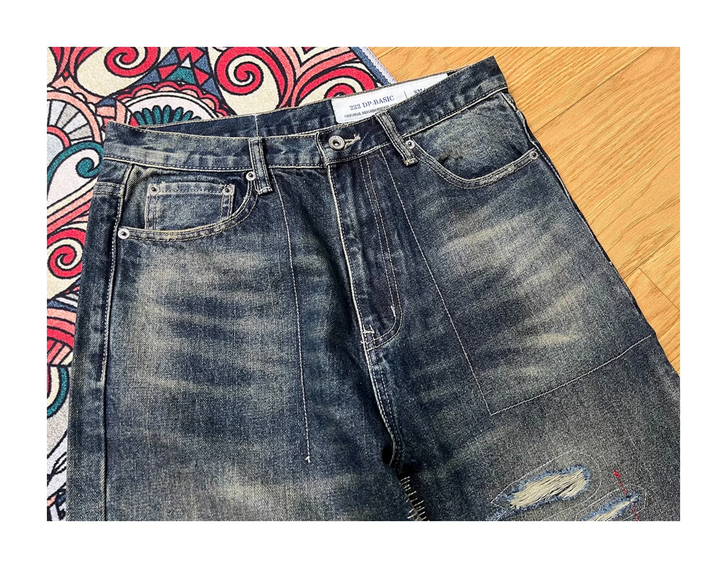 Ready Stock  Jeans Washed Destroyed Old Patch NBHD Men's Women's Denim Trousers Japanese