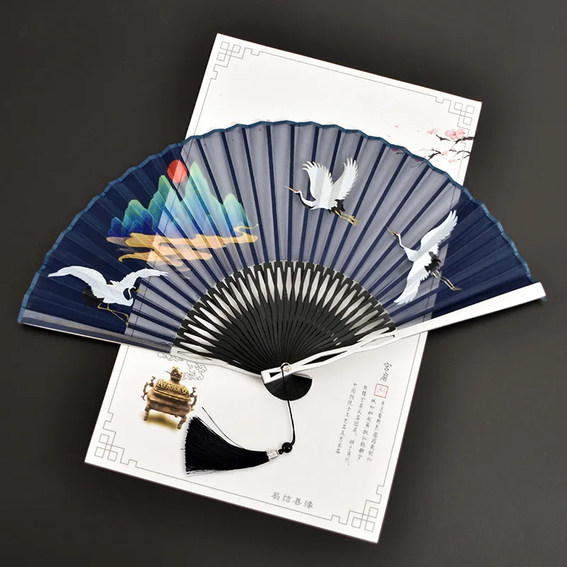 Crane Women's Folding Fan Chinese Antique Style Portable Summer Fan Hanfu Cheongsam Dance Decoration Fans Photography Prop