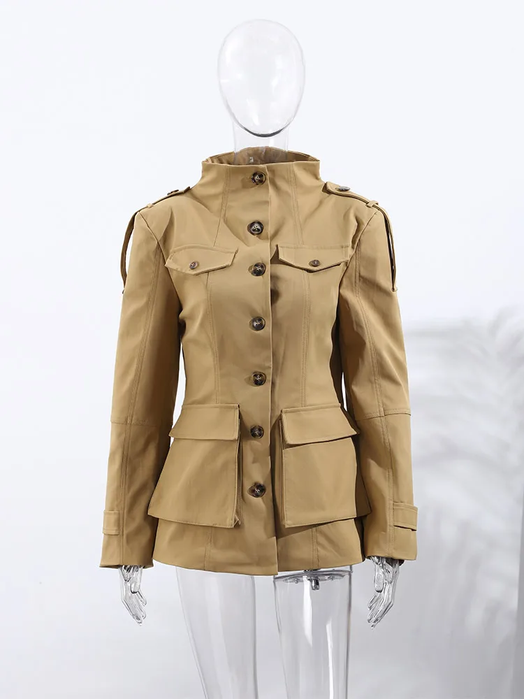 Epaulet Stehkragen Taillierter Windbreaker Damen Eleganter Langarm Einreihiger Bomber-Mantel Herbst 2025 Damen-Oberbekleidung – Detail 5