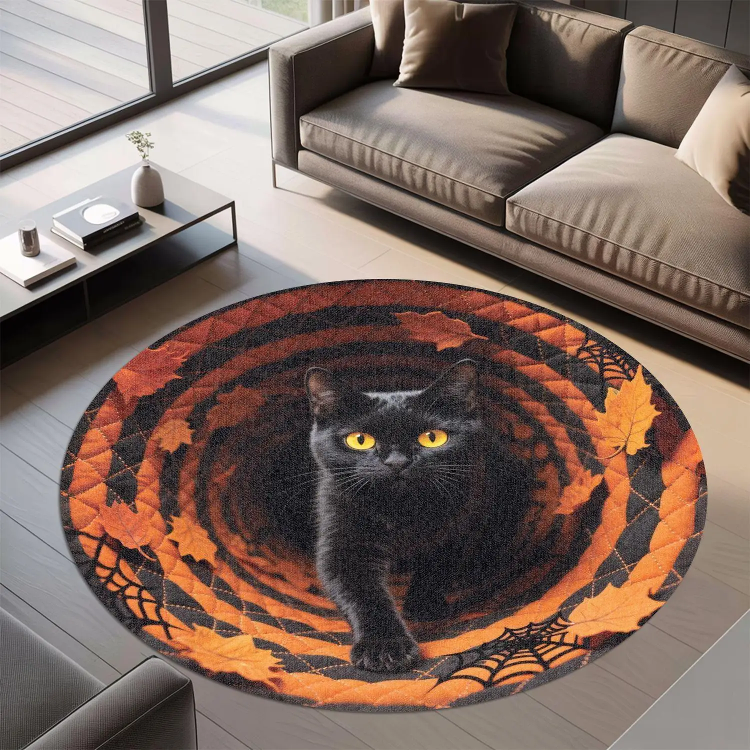 【Room Decoration Carpet】Halloween Black Cat 3D Printed Carpet, Black Cat Round Fan-Shaped Door Mat, Halloween Door Mat, Horror Carpet, Halloween Theme, Christmas Gift
