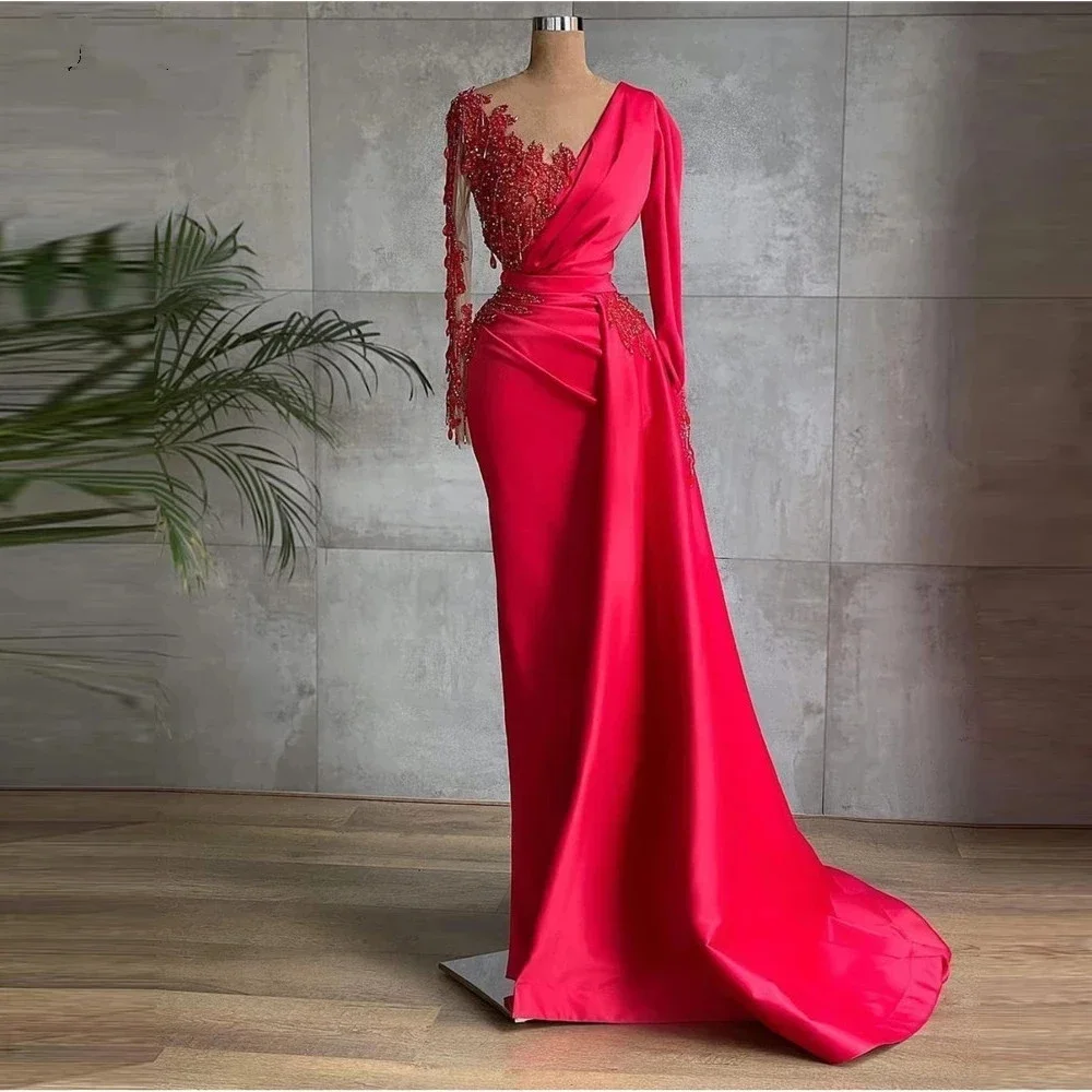 

Vintage Long Sleeves Evening Dresses Sexy Scoops Neck Satin Applique Vestidos De Festa Formal Prom Pageant Party Gown HOT