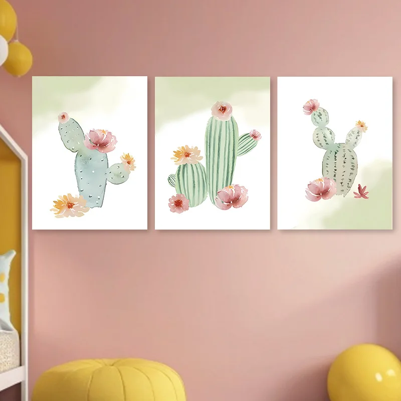 3pcs Cactus Seedling Wall Art Set - Thick  and Frameless Canvas Posters, Cute Plant Print Decor Suitable for Bedrooms, Living