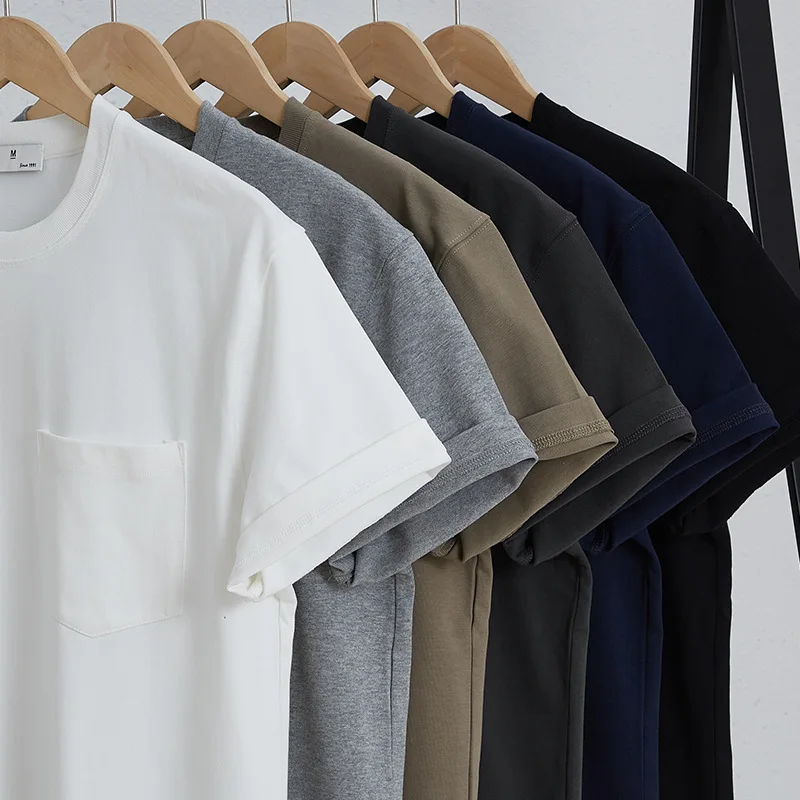 360G/M² Heavyweight Thicken Cotton T-shirt for Men with Pocket Japan Style Solid Color Simple Basic Pullover White Tee Tops Male