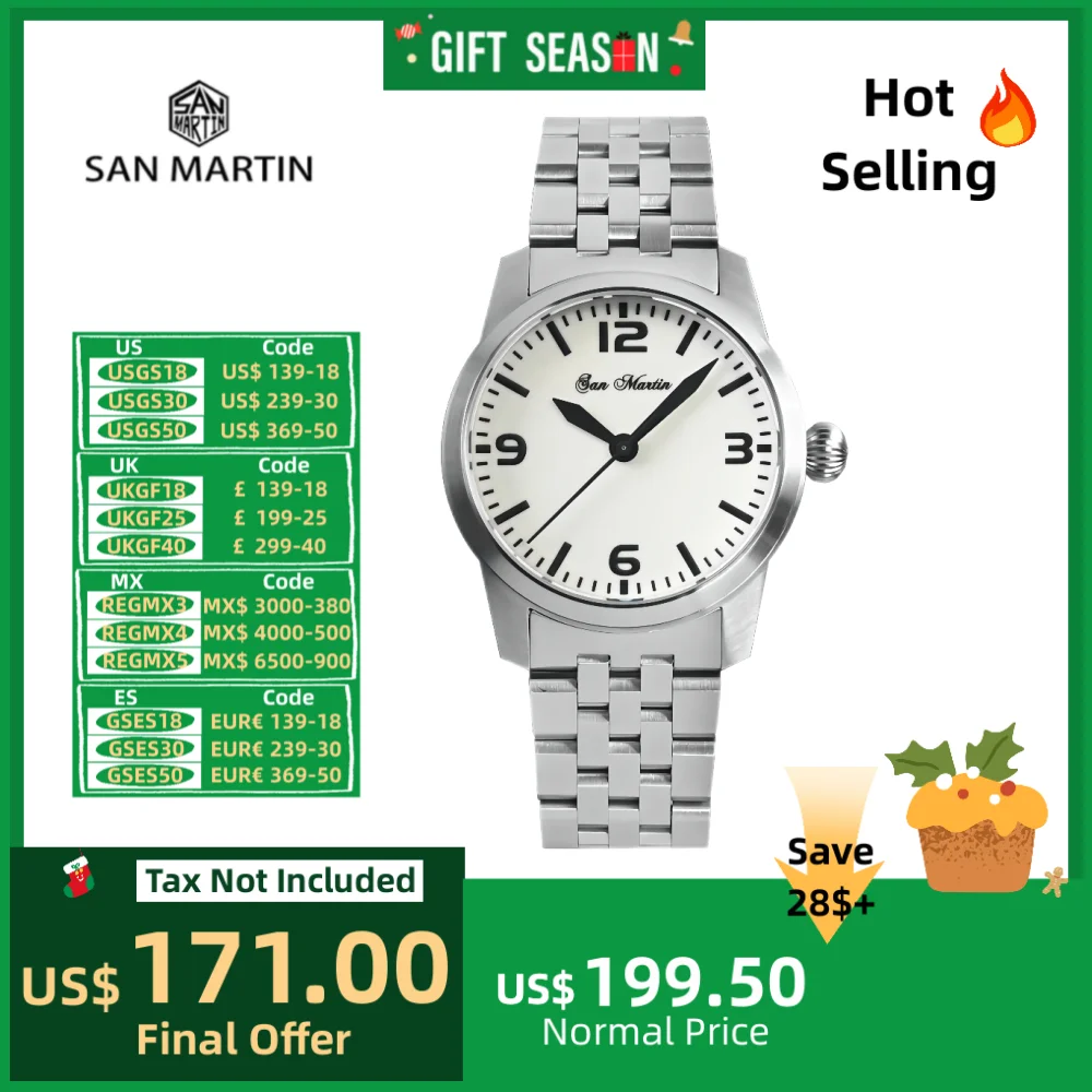 San Martin 38mm YN55 Mechanical Automatic Timepiece Waterproof Pilot Watches Wristwatch Luminous Niche Montre 10Bar SN0022