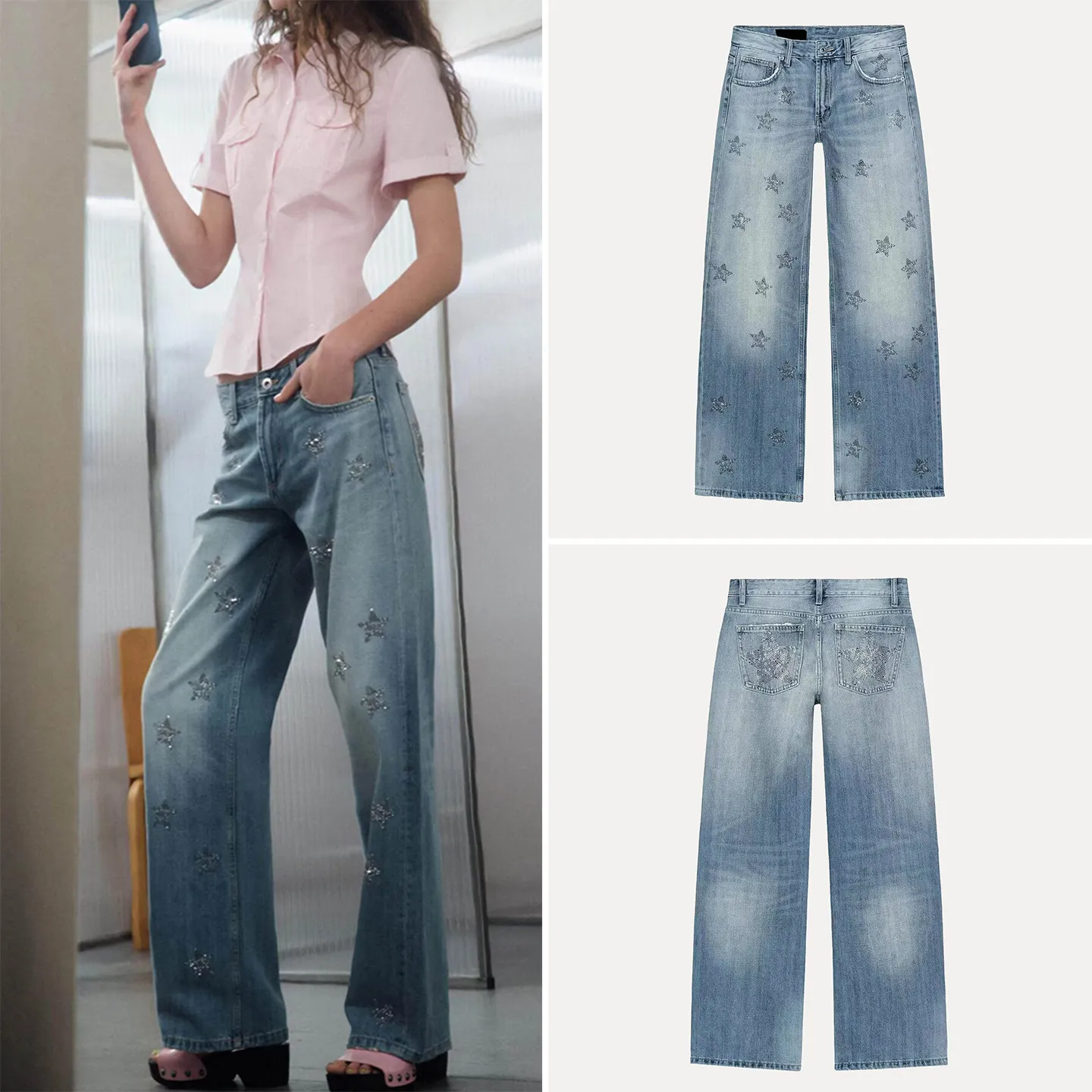 Fashionable Low Waist Wide Leg Diamond Embellished Women's Jeans Spring 2026 Zadata Brand High Waist Pocket Detail Zipper Clo...