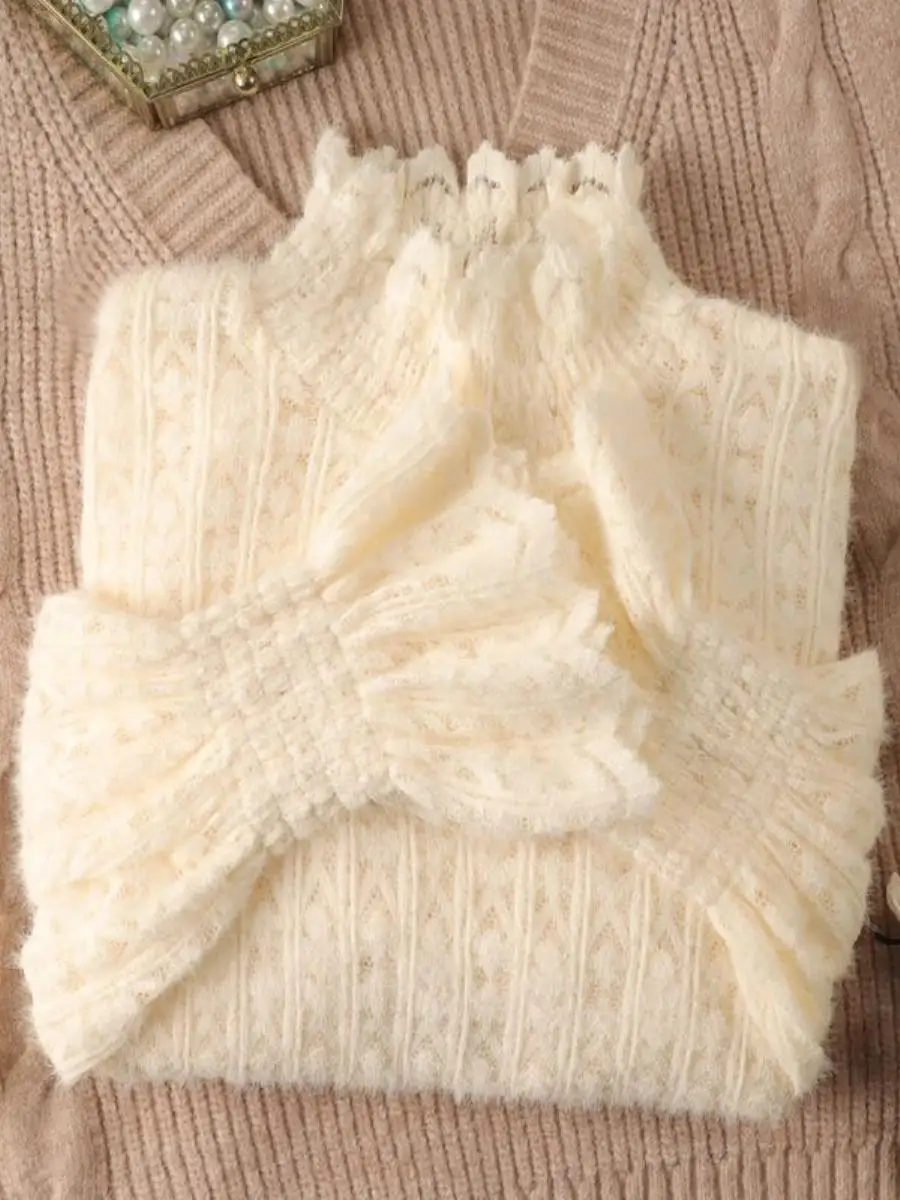 レディースハイカラーフリースレースベースシャツ長袖秋冬2025新作保温ポケットハンカチインナーウェア