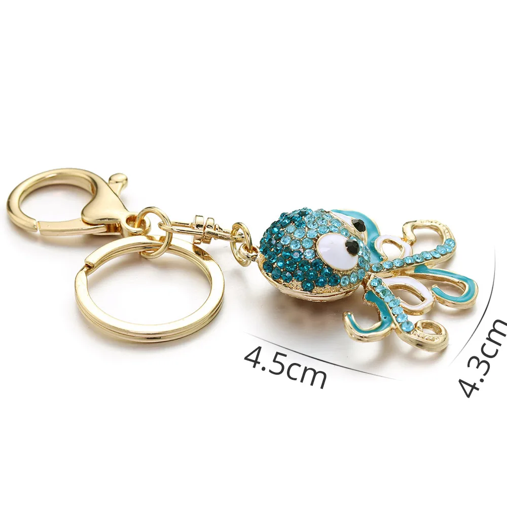 Dalaful Cute Octopus Keychain Keyring Crystal Ocean Animal Purse Handbag Bags Pendant Key Chain Ring Holder For Car Women K377