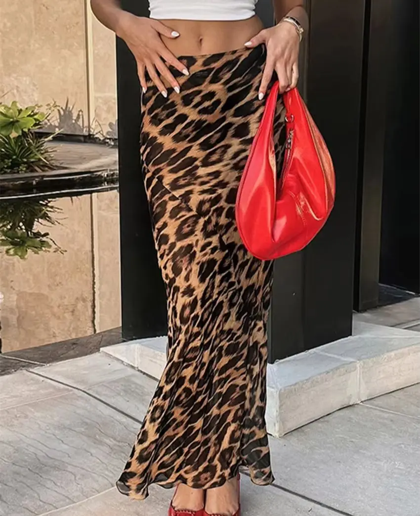WXOY Sexy Elegant Leopard Maxi Flowy Skirt Low Waist Stretchy Bodycon Slim Fit Clubwear Women Clothes Summer Party Streetwear