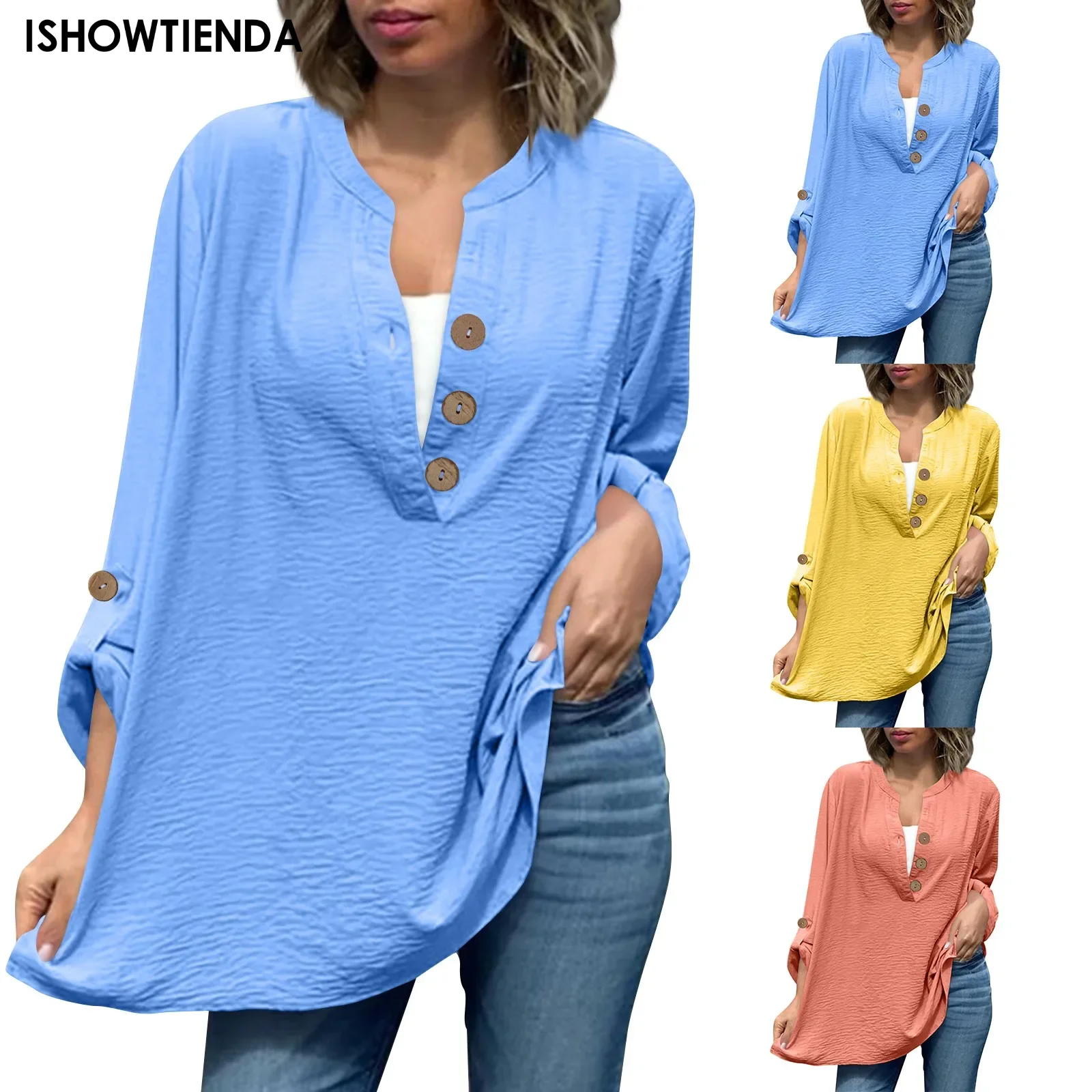 2024 Long Sleeve Spring Women Slub T Shirts Female Button Shirt V-neck Solid Color T-shirt Coffee Korean Soft Loose Tops