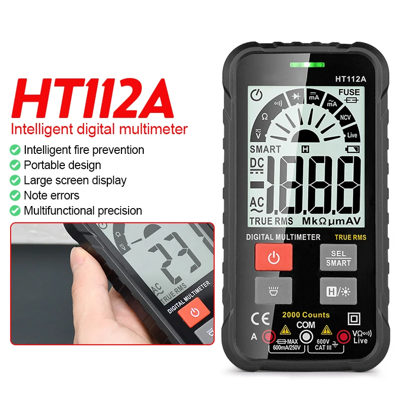 

HT112 Digital Multimeter 6000 Counts 9999 Auto Range 1000V 10A Tester Meter Ohm Hz Capacitance REL True RMS Smart Multimetro