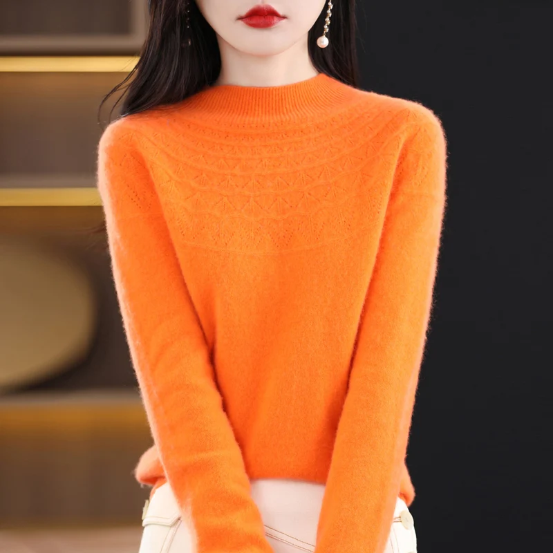 First Iine Ready To Wear 100% Pure Wool Sweater Somen's Hollow Knitted Pullover Sweater Autumn And Winter New Half High Neck Top