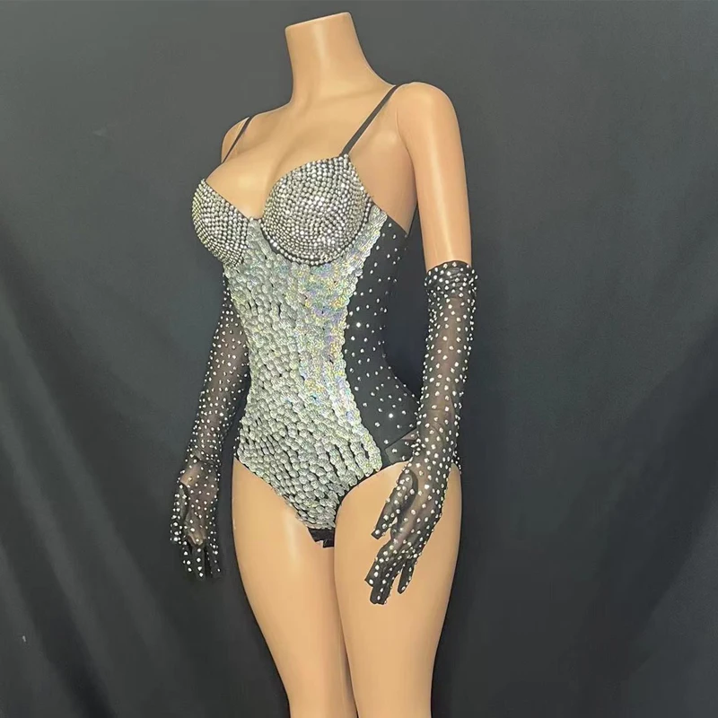 

Fashion Silver Sequins Rhinestones Bodysuit Gloves Women Party Pole Dance Costume Nightclub Dj Ds Stage Festival Outfit XS6856