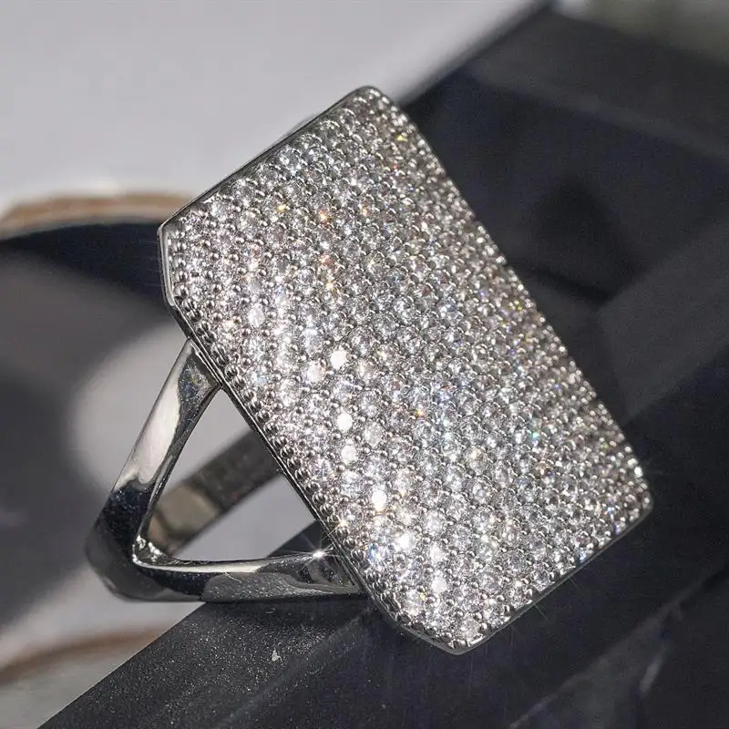 Huitan Funkelnder geometrischer Ring für Damen, voller brillanter Zirkonia, modisches Hochzeits- und Party-Zubehör, eleganter Luxusschmuck – Detail 9