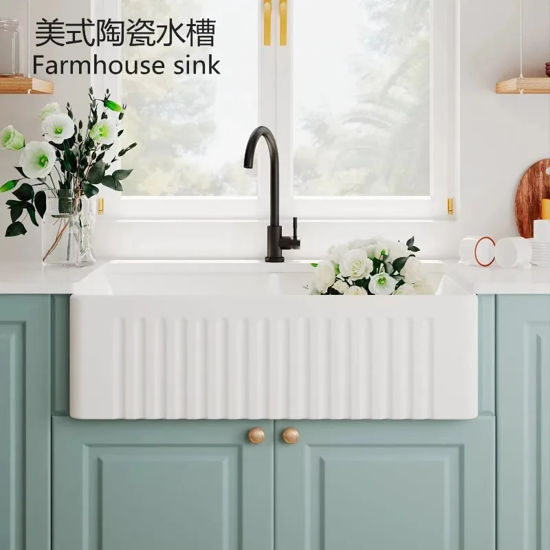 

Farmhouse American Vintage Kitchen Ceramic Sink, Wash Basin Open Cabinet