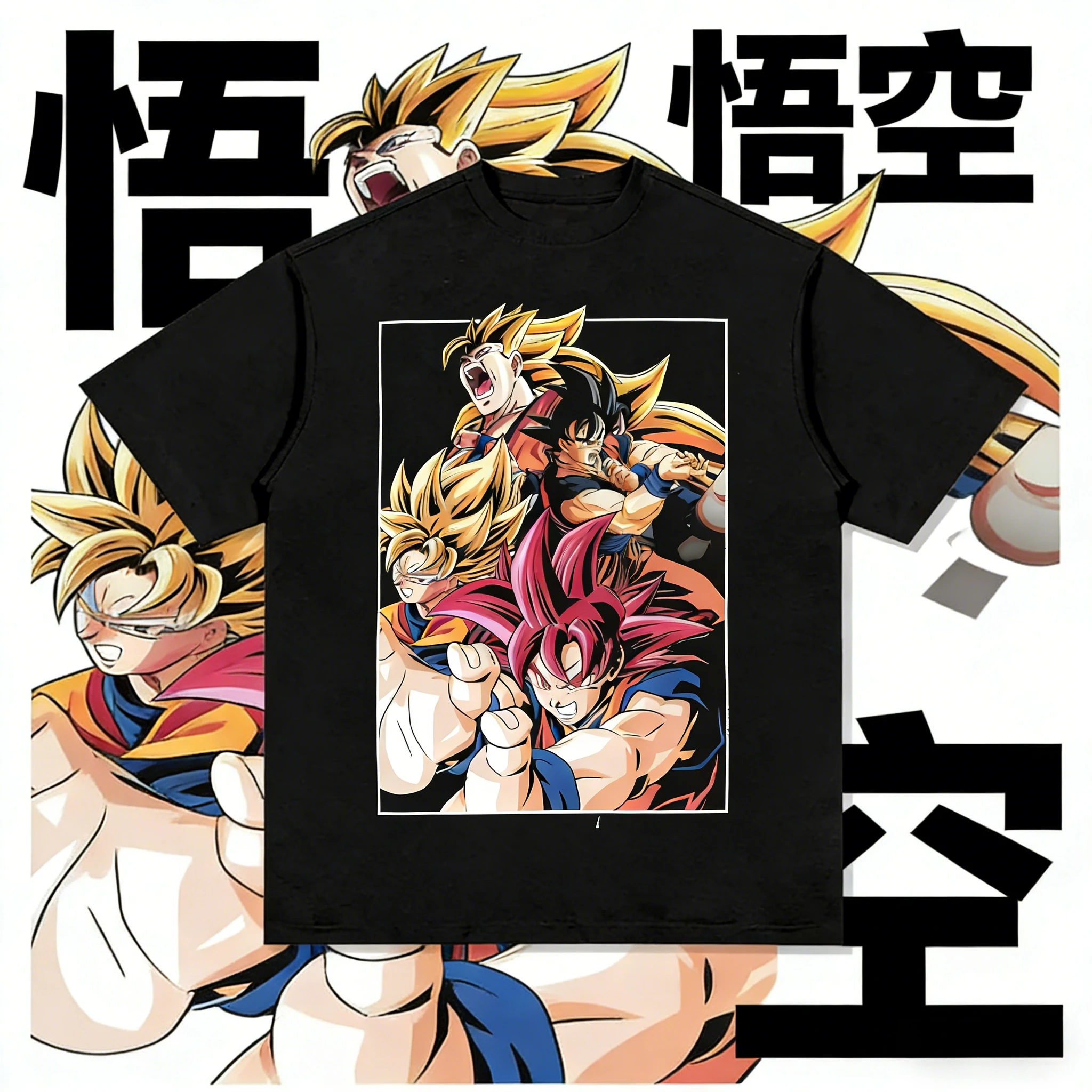 2026 Sommer Dragon Ball Oversized T-Shirt – Hochwertiges 100% Baumwoll-T-Shirt mit Goku Super Saiyajin Formen Print – Unisex Retro Casual Gym Tee