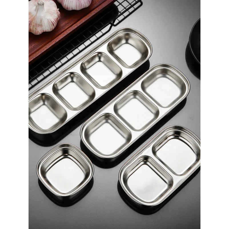 1/4 Pcs Stainless Steel Divided Seasoning Sauce Dip Bowl