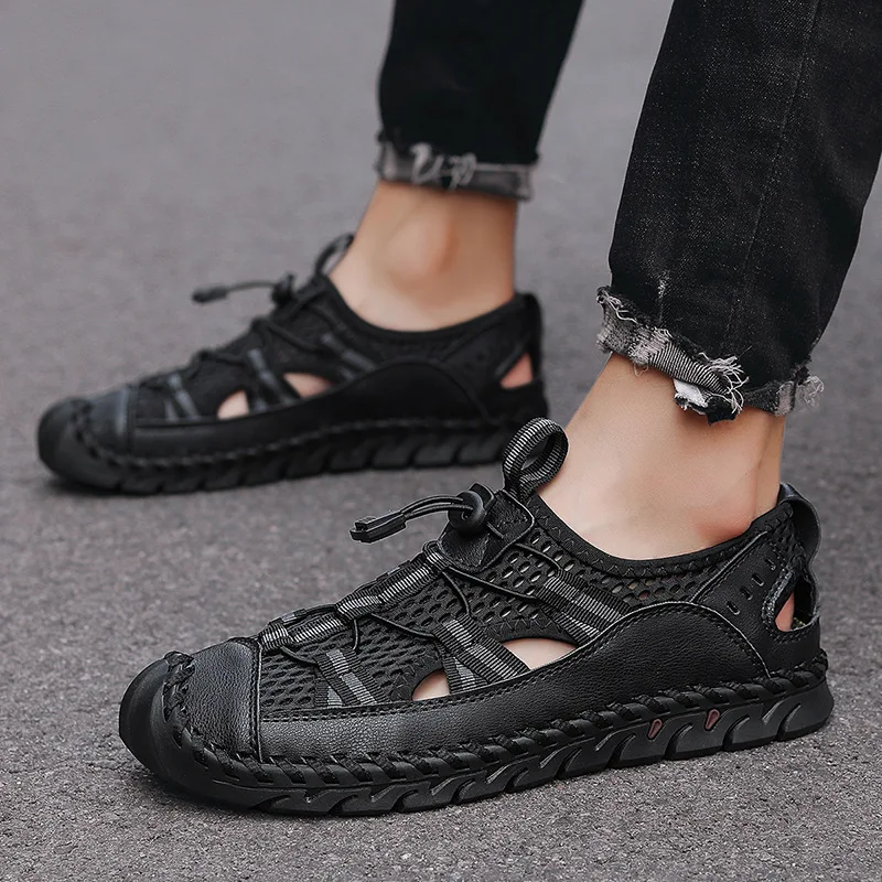 New Summer Genuine Leather Men Sandals Fashion Roman Sandals Handmade Mesh Men Casual Shoes Platform Outdoor Men's Beach Sandals